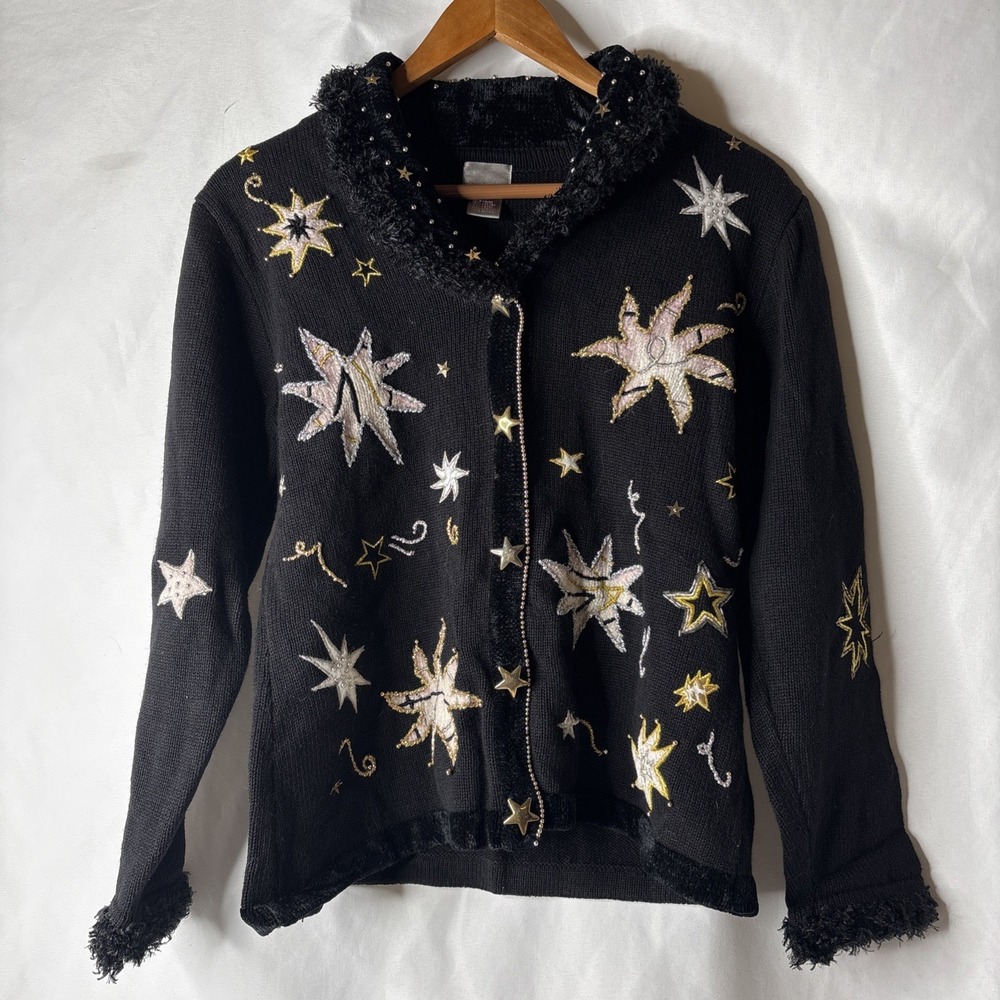 Berek‎ Embellished Star Cardigan Women's M Black Beaded Knit Sweater